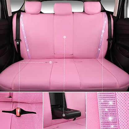 CAR PASS Bling Diamond Car Seat Covers Full Set, Shining Rhinestone Waterproof Faux Leather, Rear with Zipper, Universal Fit Automotive Glitter Crystal Sparkle Strips for Cute Women Girl, Pink - color: Pink Leather, size: Full Set