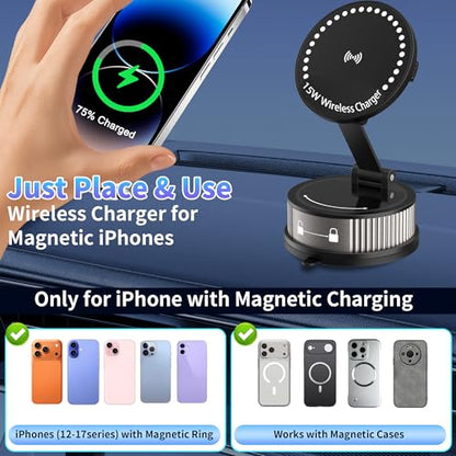 for MagSafe Car Mount Charger,15W Fast Wireless Charging,95+LBS Strong Suction 2400gf Strong Magnetic, 360° Adjustable Car Phone Holder, Phone Holders for Your Car