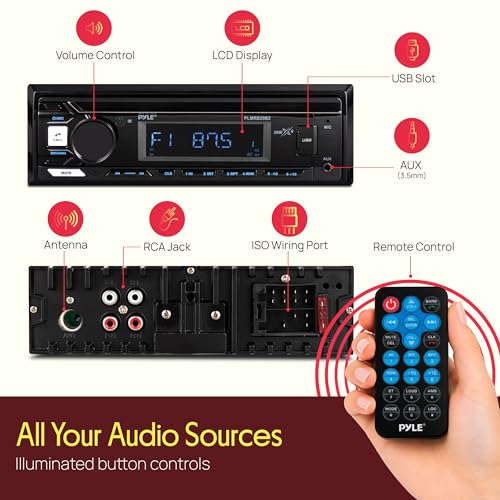 Pyle Marine Radio Stereo Receiver with Bluetooth MP3 Player - Single DIN Boat Audio System, AM/FM Tuner, USB/AUX Input, 30 Preset Stations, Hands-Free Calling, 350 W Power for Marine and Boat Use - size: 350w