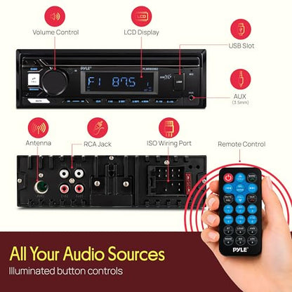 Pyle Marine Radio Stereo Receiver with Bluetooth MP3 Player - Single DIN Boat Audio System, AM/FM Tuner, USB/AUX Input, 30 Preset Stations, Hands-Free Calling, 350 W Power for Marine and Boat Use - size: 350w