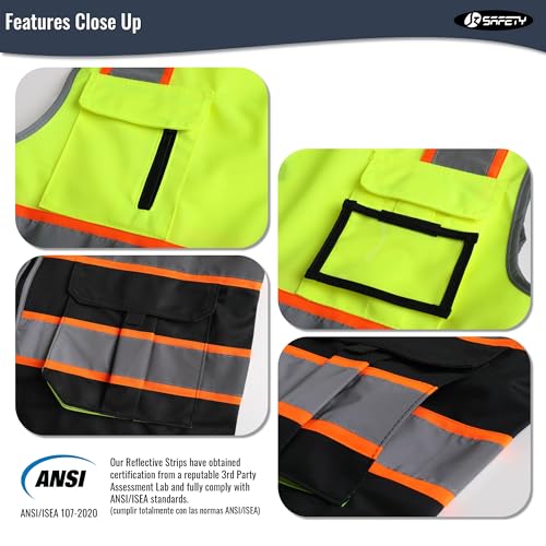 JKSafety 7 Pockets High Visibility Zipper Front Safety Vest With Reflective Strips.Meets ANSI/ISEA Standards(130-Yellow-Black M) - color: Yellow-black, size: Medium