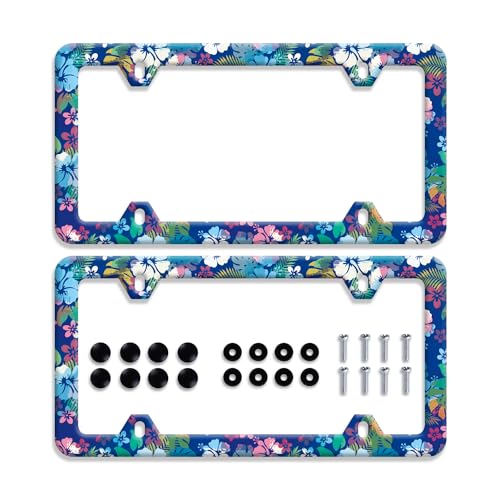 【2Pcs】Blue pink hibiscus License Plate Frame colorful tropical floral License Plate Frames Stainless Steel Accessories Cars Decor with 4 Holes Screws Fits Standard US CA Vehicles Size 12.2 x 6 Inches - color: 【2Pcs】Blue pink tropical hibiscus