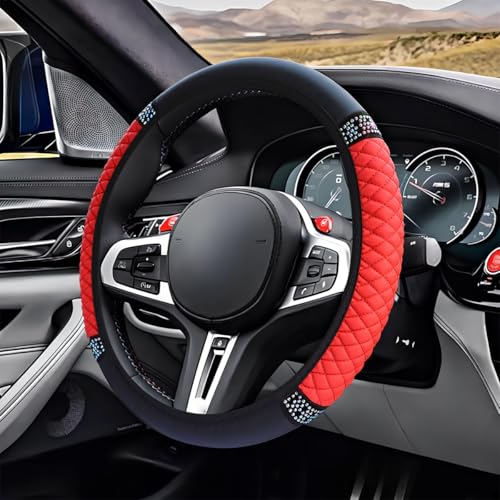 ZIMISI Bling Soft Leather Steering Wheel Cover, 15" Anti-Slip Sparkly Crystal Auto Elastic Steering Wheel Protector for Women Girl, Colorful Diamond Car Interior Accessory for Most Cars (Red) - color: Red