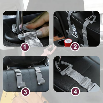 Adjustable 4-Pack Car Headrest Hooks - Universal Seat Back Organizer with Heavy-Duty Clip for Purses, Bags & Groceries Gray - color: Gray