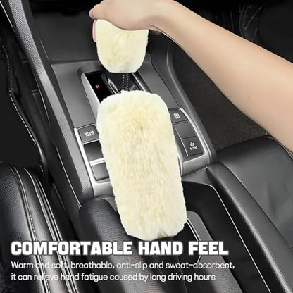 Hovom 2PCS Fluffy Car Gear Shift Knob Cover & Handbrake Cover, Soft Plush Hand Brake Handle & Gear Shift Cover for Women Girls, Universal Comfortable Warm Furry Car Accessories (Beige) - color: Beige