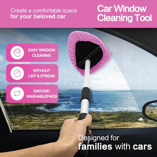Windshield Cleaner Tool 22.5" L - Car Interior&Exterior Window Cleaning Kit with Extendable Handle&4 Microfiber Pads and Thick Large Wash Sponge, Auto Glass Wiper Brush Kit for Cars Home (7pcs Pink) - color: Pink