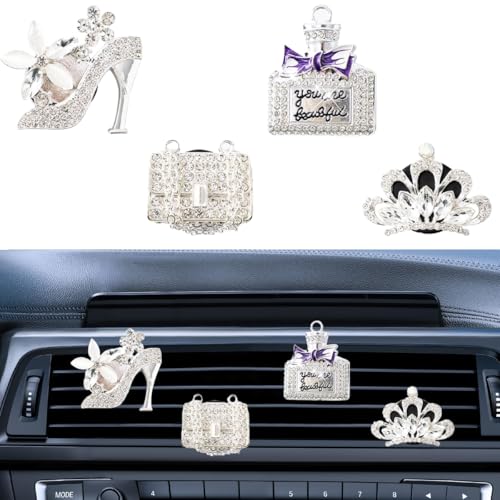 4PCS Bling Car Air Vent Clip, Crystal Rhinestone Heels Bag Crown Perfume Bottle Dashboard Air Vent Trim Clips, Car Interior Outlet Diffuser Decoration Accessory for Women (Silver) - size: Silver