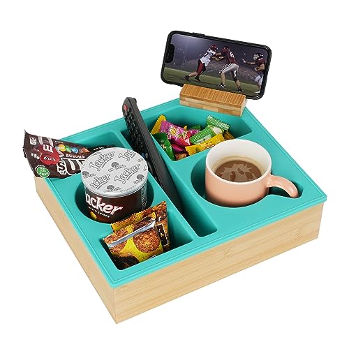 Couch Cup Holder Tray, Handy Silicone Bamboo Couch Caddy with Rotatable Phone Holder for Bed Car Seat Organizer, Waterproof Anti-Spill Couch Drink Holder for Snacks Beverage Remote (Green) - color: Green, size: 11.5*10*3 IN