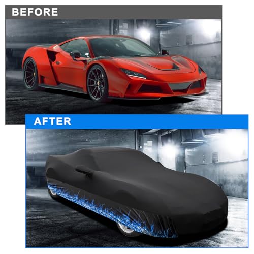Erato Indoor Car Cover – Elastic Full Coverage Stretch Breathable Dustproof for Underground Garage, Car Show, Flame Pattern, Fits Full-Size Sporty Car up to 181 Inches, Custom-Fit Style, Black - size: L-Sport Car