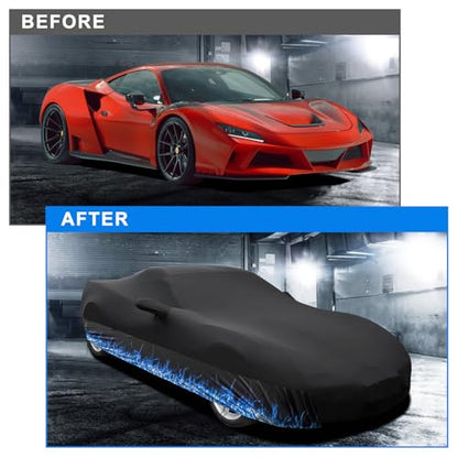 Erato Indoor Car Cover – Elastic Full Coverage Stretch Breathable Dustproof for Underground Garage, Car Show, Flame Pattern, Fits Full-Size Sporty Car up to 193 Inches, Custom-Fit Style,Black - size: XL-Sport Car