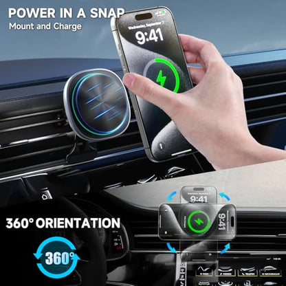 Likzest 15W MagSafe Car Mount Charger, Magnetic Wireless Car Charger Phone Holder for iPhone 17 Pro Max/17/16/15/14/13/12, Fast Charging Air Vent & Dashboard Mount, for Galaxy S25, Pixel with MagSafe