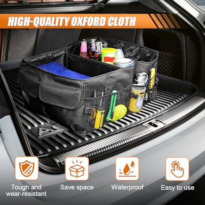 Car Trunk Organizer with Multi-Compartment, Waterproof Oxford Cloth Foldable Cargo Storage Box, Portable Auto Organization for Cars SUVs Trucks (Black)