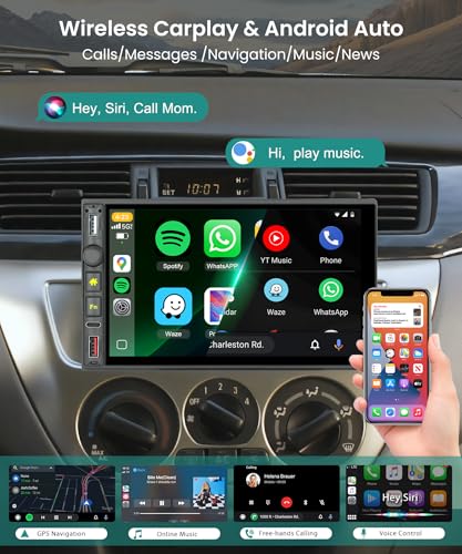 Single Din Radio Car Stereo with Wireless CarPlay & Android Auto, 7 Inch IPS Touch Screen Car Audio with Bluetooth，Mirror Link, FM,EQ, USB/Type-C/U Disk, SWC for Single Din Car Stereo - style: Dual USB & Side Buttons