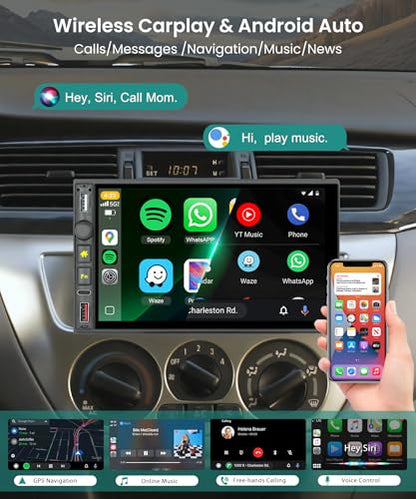Single Din Radio Car Stereo with Wireless CarPlay & Android Auto, 7 Inch IPS Touch Screen Car Audio with Bluetooth，Mirror Link, FM,EQ, USB/Type-C/U Disk, SWC for Single Din Car Stereo - style: Dual USB & Side Buttons