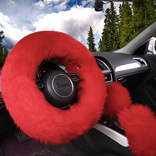 Yontree Fashion Fluffy Steering Wheel Covers for Women/Girls/Ladies Australia Pure Wool 15 Inch 1 Set 3 Pcs (Red) - color: Red, size: Long Wool