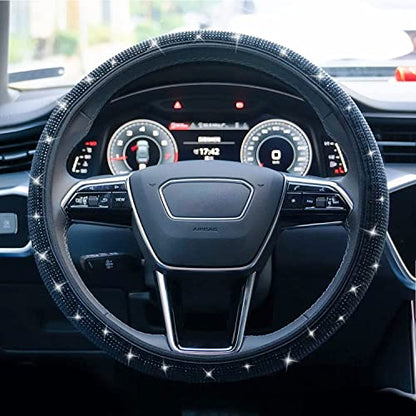 Bling Steering Wheel Cover, Rhinestone Steering Wheel Cover with Crystal Diamond for Women, Sparkling Car Wheel Protector Universal Fit 14-15 inches - Black - color: black