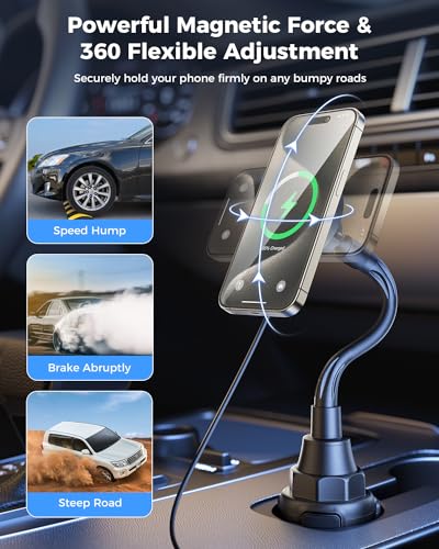 SUPERONE 2026 Upgraded for MagSafe Cup Holder Charger, MagSafe Car Mount Charger 15W Fast Charging with Adjustable Gooseneck for iPhone 17 16 15 14 13 12 Pro Max Plus Mini MagSafe Case