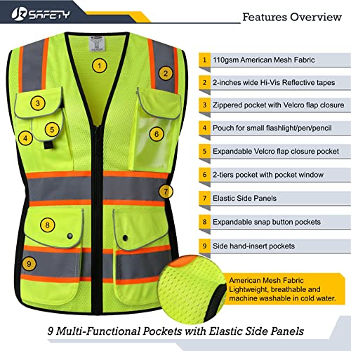 JKSafety Women Hi-Vis Reflective Safety Vest | Neon Color body Sewed Reflective Strips Breathable Lightweight ANSI Compliant - color: V168-yellow, size: Medium