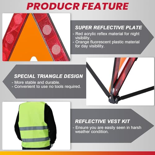 DASBET 2 Pack Emergency Warning Triangles with 1 Pack Reflective Vest, Reflective Roadside Safety Triangles with Storage Case, Foldable Warning Triangle for Vehicles Breakdown