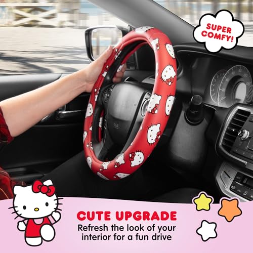 Hello Kitty Steering Wheel Cover Official Sanrio Car Accessory Universal Size 14.5 to 15 Inch Cute Red Design for Women Girls Sedans SUVs Trucks, Anti-Slip Grip, Stretch-Fit Design - style: Hello Kitty Red