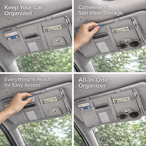 Car Sun Visor Multi-Pocket Organizer — Gray (Universal Car/SUV/Truck Storage Pouch) - color: Gray