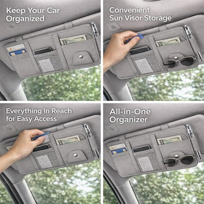 Car Sun Visor Multi-Pocket Organizer — Gray (Universal Car/SUV/Truck Storage Pouch) - color: Gray