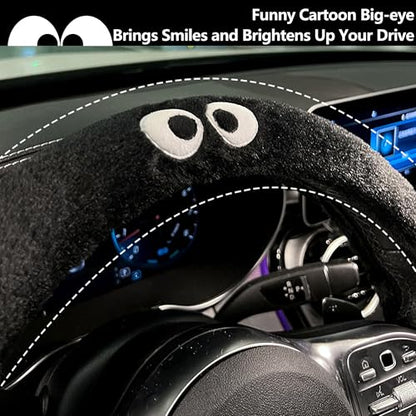 Car Headrest Pillow & Steering Wheel Cover Set with Cute Big-Eyed Furball Travel Neck Support Pillow Fur Car Interior Accessory (Black 5Pcs Set) - color: Black 5pcs Set