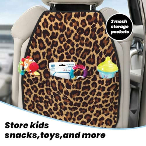 Leopard Print Car Seat Back Protectors 2 Pack – Large Kick Mats with Storage Pockets, Universal Fit for Most Vehicles