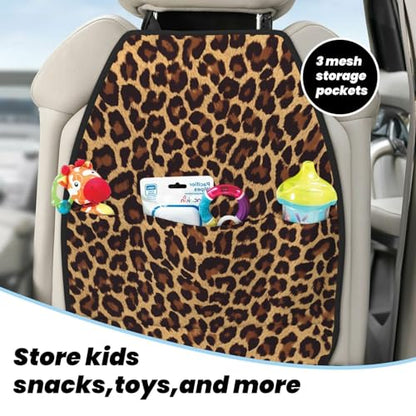 Leopard Print Car Seat Back Protectors 2 Pack – Large Kick Mats with Storage Pockets, Universal Fit for Most Vehicles