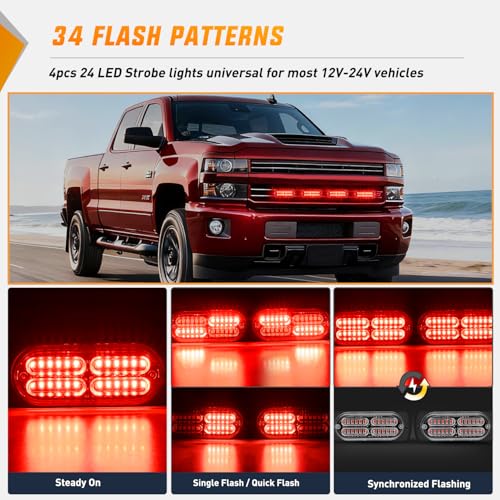 Nilight 4PCS 24LED Emergency Strobe lights 12V 24V Red Surface Mount Grille Hazard Safety Warning Light Sync Feature Side Flashing Marker Flash for Car Truck Campers - color: Red