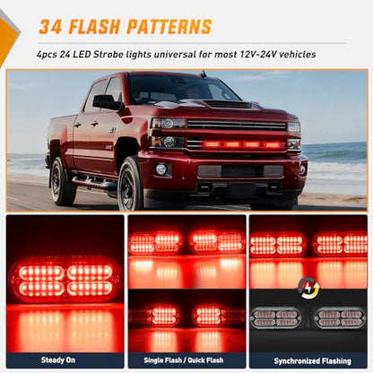 Nilight 4PCS 24LED Emergency Strobe lights 12V 24V Red Surface Mount Grille Hazard Safety Warning Light Sync Feature Side Flashing Marker Flash for Car Truck Campers - color: Red