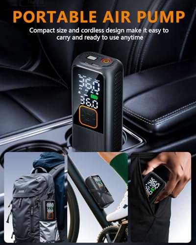 Tire Inflator Portable Air Compressor, 150 PSI Rechargeable Air Pump with Digital Pressure Gauge and LED Light, Smart Auto-Off Tire Pump for Car, Motorcycle, Bike, Ball