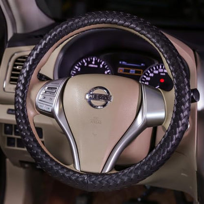 Carwales Car Leather Steering Wheel Cover Men Luxury Black Hand-Made Wrap Hand Woven Universal 14.5-15 Inch - color: Black