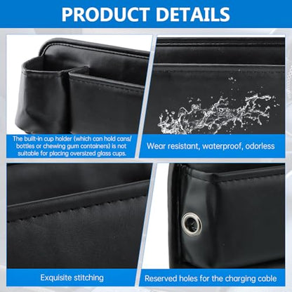2 Pack Car Seat Gap Filler Organizer, Leather Seat Gap Bag with Cup Holder (3.14 inch) & 4 Hooks, Anti-Slip Flannel Lined Storage Box for Phone, Keys, Wallet, Fit Most Cars