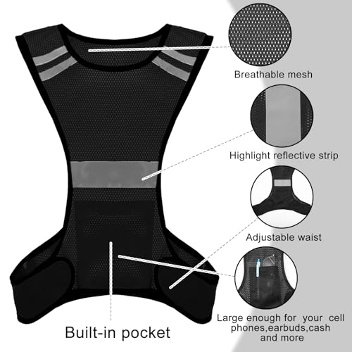 Ptwola Reflective Running Vest High Visibility Running Gear with Large Pocket Night Lightweight Reflective Safety Vest - color: Black