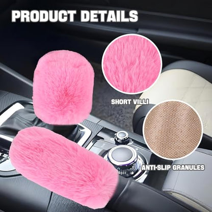 Hovom 2PCS Fluffy Car Gear Shift Knob Cover & Handbrake Cover, Soft Plush Hand Brake Handle & Gear Shift Cover for Women Girls, Universal Comfortable Warm Furry Car Accessories (Pink) - color: Pink