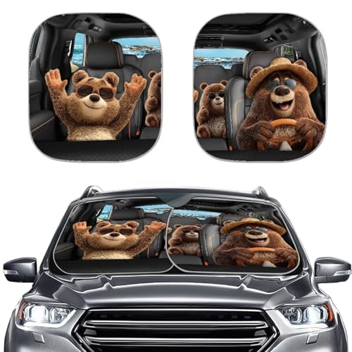 2 PCS Car Windshield Sun Shade,Brown Bear Cloud Foldable Sun Shield for Front Window Blocks UV Rays Auto Sun Blocker Visor Protector Fits Windshields of Most Sizes - color: Brown Bear