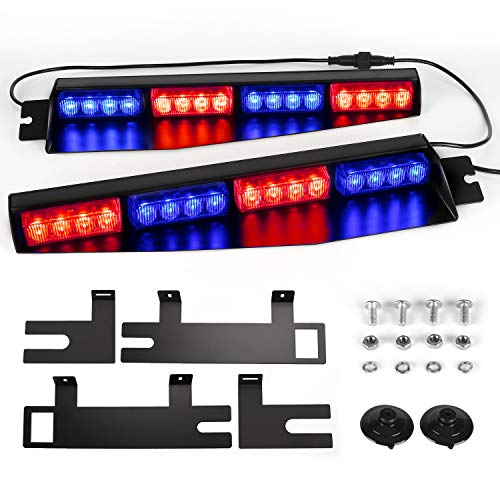ASPL 32LED Visor Lights 26 Flash Patterns Windshield Emergency Hazard Warning Strobe Beacon Split Mount Deck Dash Lamp With Extend Bracket (Red/Blue/Red/Blue) - color: Red/Blue/Red/Blue