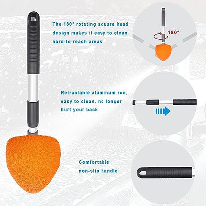 Ziciner Car Windshield Cleaner, Microfiber Auto Cleaning Wiper with Aluminum Extendable Handle and 2 Washable Reusable Cloth Pad Head, Universal Vehicle Interior Exterior Cleaner Kit (Orange-Triangle) - size: Orange-triangle