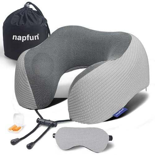 napfun Neck Pillow for Travel with Travel Pouch, Sleep Mask & Earplugs, Memory Foam Airplane Pillow for Headrest Sleep with Eyeshades, Plane Essentials with Eye Blindfold, Light Gray Striped Kit - color: Light Gray Striped Kit