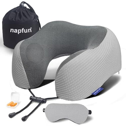 napfun Neck Pillow for Travel with Travel Pouch, Sleep Mask & Earplugs, Memory Foam Airplane Pillow for Headrest Sleep with Eyeshades, Plane Essentials with Eye Blindfold, Light Gray Striped Kit - color: Light Gray Striped Kit