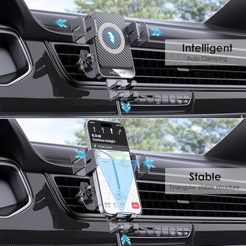 Wireless Car Charger, MOKPR 15W Fast Charging Auto-Clamping Car Charger Phone Mount Air Vent Cell Phone Holder Compatible iPhone 16/15/14/13/13 Pro/12 pro/12/11, Samsung Galaxy S23/S22/S21/S20, etc - color: Black