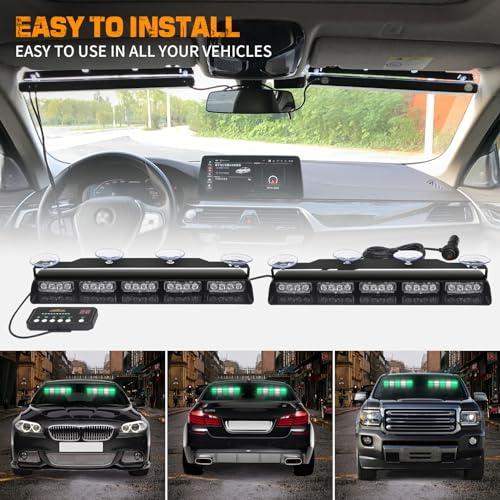 XRIDONSEN 2x 17 inch Green White Emergency Lights for Vehicles 40 LED Emergency Dash lights Interior Front/Rear Windshield Strobe Lights Safety Warning for Volunteer Firefighter Vehicles Trucks - color: Green/White