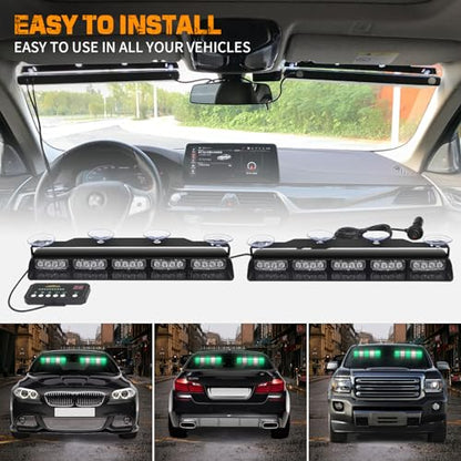XRIDONSEN 2x 17 inch Green White Emergency Lights for Vehicles 40 LED Emergency Dash lights Interior Front/Rear Windshield Strobe Lights Safety Warning for Volunteer Firefighter Vehicles Trucks - color: Green/White
