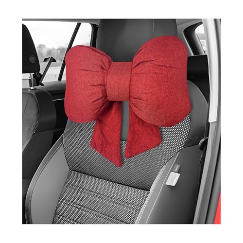 Bow Car Headrest Pillow, Breathable Ergonomic Auto Neck Cushion with Adjustable Strap, Comfy Vehicle Neck Support Pillow Cute Bow Girl-Style Decoration for Driving Seats (Red) - color: Red