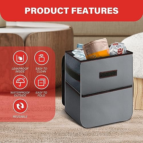 Simple Deluxe Car Trash Can with Lid and Storage Pockets, Multipurpose Garbage Bin with Adjustable Straps, Collapsible and Portable Organizer, 2 Gallon, Grey