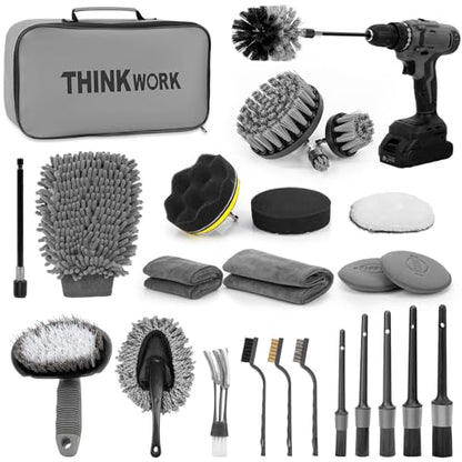 THINKWORK Car Detailing Kit, Car Detailing Brush Set, Car Cleaning Drill Brush Kit with Extension Pole, Professional Auto Detailing Supplies for Automobile Interior Exterior Wheels - size: 27PCS