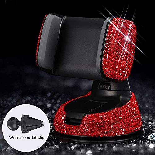 SUNCARACCL Bling Car Phone Holder, 360°Adjustable Crystal Auto Phone Mount Universal Rhinestone Car Stand Phone Holder Car Accessories for Windshield Dashboard and Air Outlet (Red) - color: Red