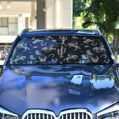 Gredecor Windshield Sun Shade Umbrella, Boho Western Cactus Cowboy Foldable Car Sunshade with UV Block Front Window (Heat Insulation Protection) for Auto Windshield Covers