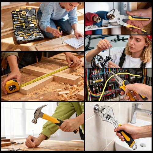 GRENPRO 218 Piece Tool Kit for Home, Tool Box with General Household Hand Tools Set, Herramientas with Screwdrivers, Wrenches, Hammer, Bow Saw, Folding Work Lamp, Electric Pen and Other Basic Tool Kit - style: Yellow Hand Tool Set 218PC